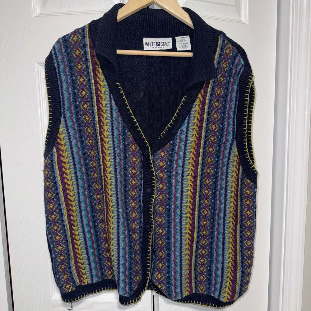 Vintage White Stag Knit Ramie Cotton Sweater Vest Large